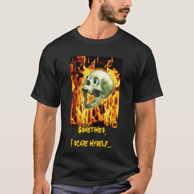 Creepy Gothic Skull, Flames, Halloween Horror T-Shirt (Front)