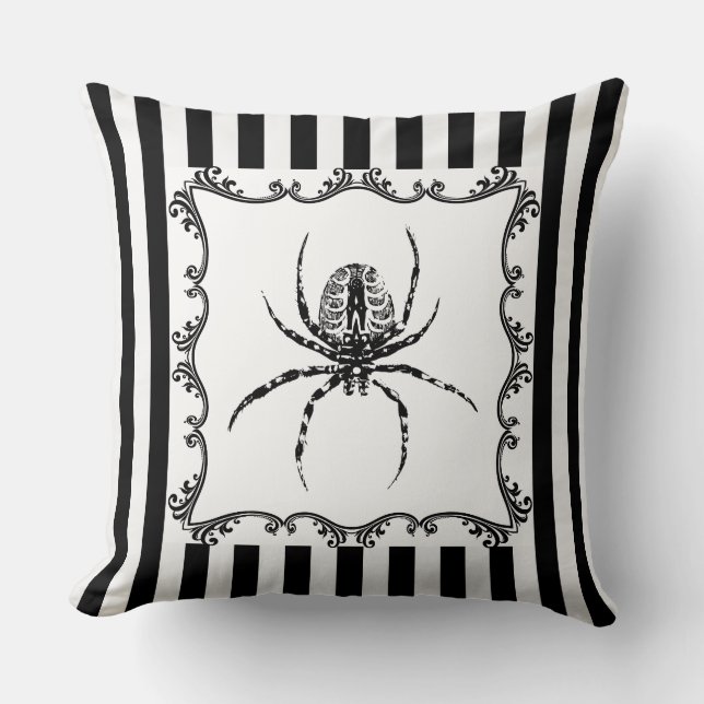 Creepy Gothic Spider Drawing Black & White Stripes Cushion (Front)