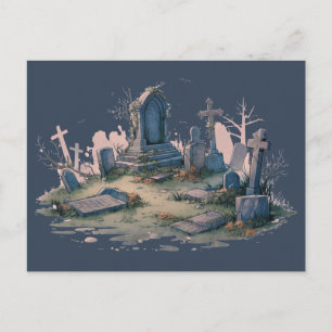 Creepy Graveyard Cemetery Dark Grey Blue Halloween Holiday Postcard