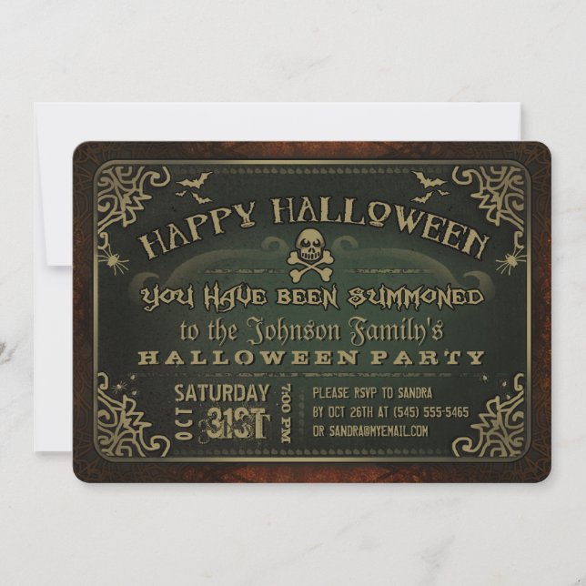 Creepy Green & Gold Happy Halloween Party Invite (Front)