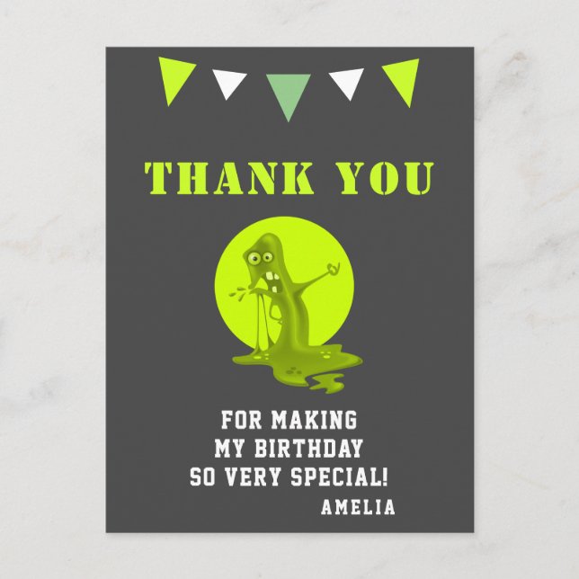 Creepy Green Slime Monster Birthday Thank you Postcard (Front)