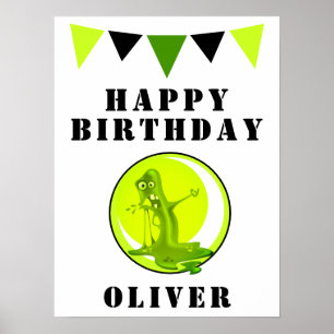 Creepy Green Slime Monster Flags Birthday Party Poster