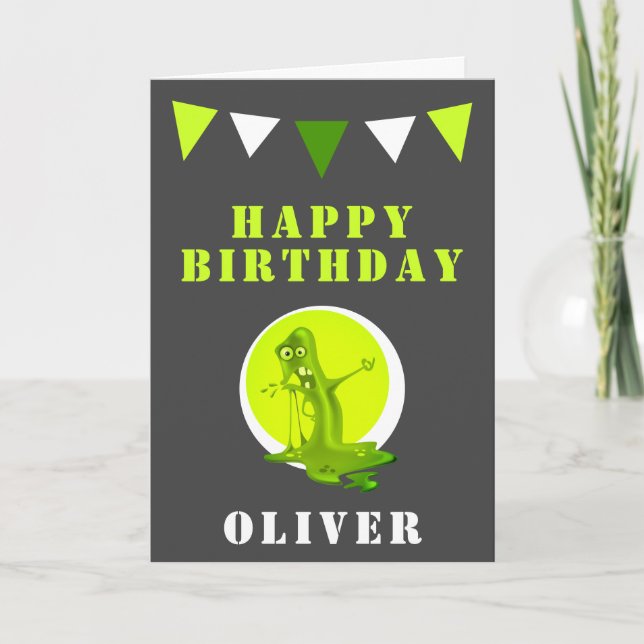 Creepy Green Slime Monster Flags Kids Birthday Card (Front)