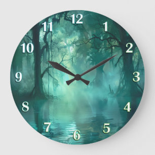 Creepy Green Swamp White Numbers Large Clock
