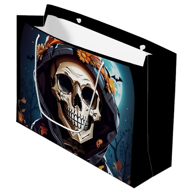 Creepy Grinning Skeleton Halloween Birthday Large Gift Bag (Front Angled)