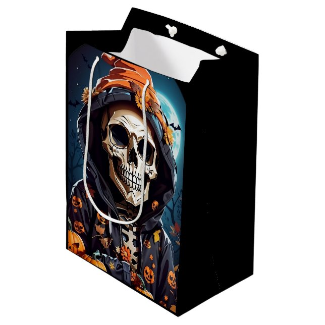 Creepy Grinning Skeleton Halloween Medium Gift Bag (Front Angled)
