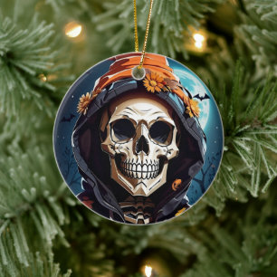 Creepy Grinning Skull Halloween Ceramic Tree Decoration