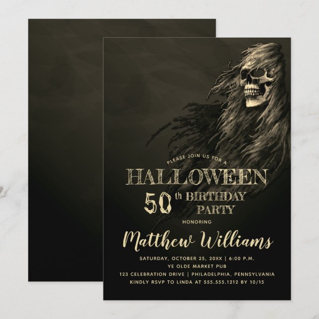 Creepy Hair Skull Halloween 50th Birthday Party In Invitation (Front/Back)