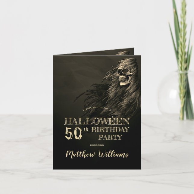 Creepy Hair Skull Halloween 50th Birthday Party In Invitation (Front)
