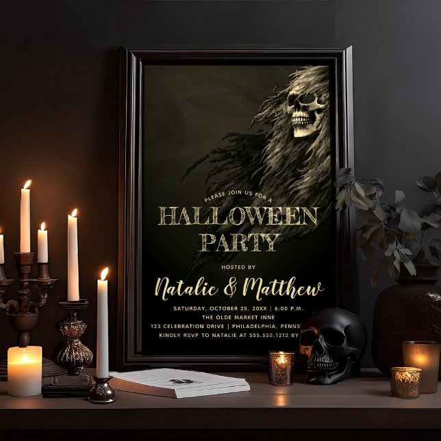Creepy Hair Skull Halloween Party Invitation (Eerie Night, Creepy, Scary Hairy Skull Adult Halloween Party Invitation)
