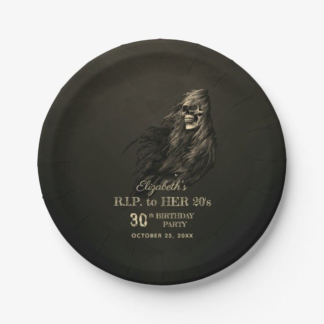 Creepy Hair Skull RIP to Her 20s Birthday Party Paper Plate (Front)