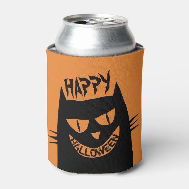 Creepy Halloween Black Cat on Orange Can Cooler (Can Front)