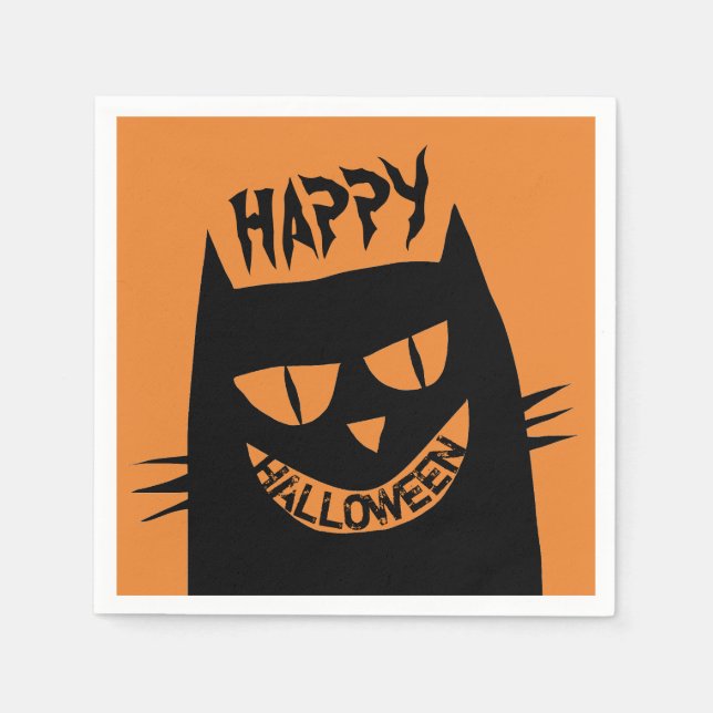 Creepy Halloween Black Cat on Orange Napkin (Front)