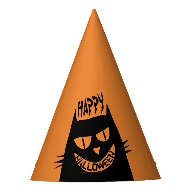 Creepy Halloween Black Cat on Orange Party Hat (Front)