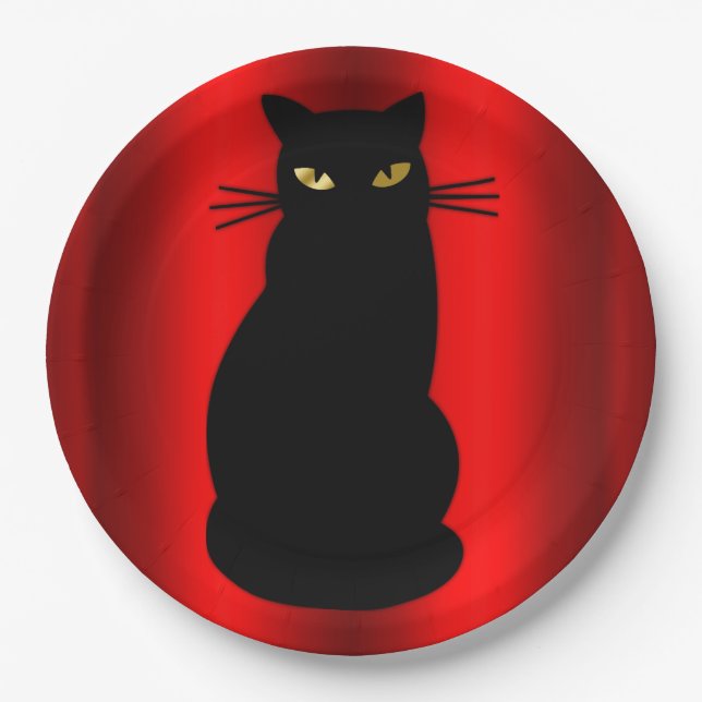 Creepy Halloween Black Cat on Red Paper Plate (Front)