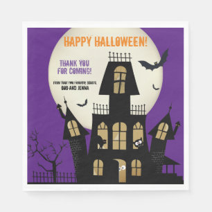 Creepy Halloween Haunted House Flying Bats Purple Napkin