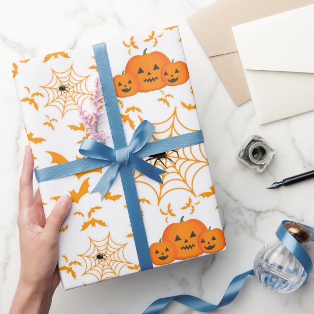 Creepy Halloween Jack O Lantern Bats Spider Web  Wrapping Paper (Gifting)