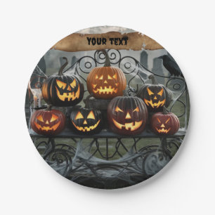 Creepy Halloween Jack-o'-Lanterns with Spiderwebs Paper Plate