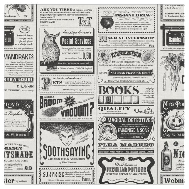 creepy halloween newspaper antique white  fabric (Close Up)