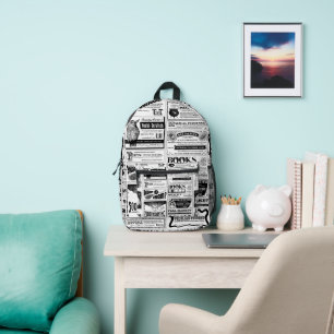 creepy halloween newspaper antique white printed backpack