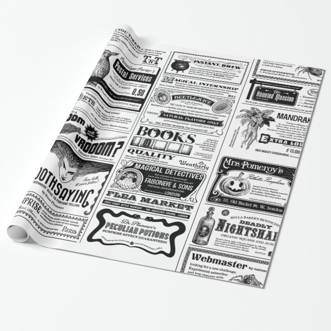 creepy halloween newspaper antique white  wrapping paper (Unrolled)