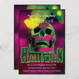 Creepy Halloween Party Zombies Neon Scary Skull Invitation