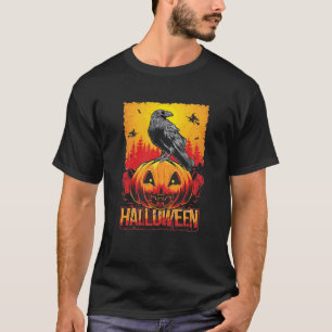 Creepy Halloween Pumpkin Head with Crow T-Shirt
