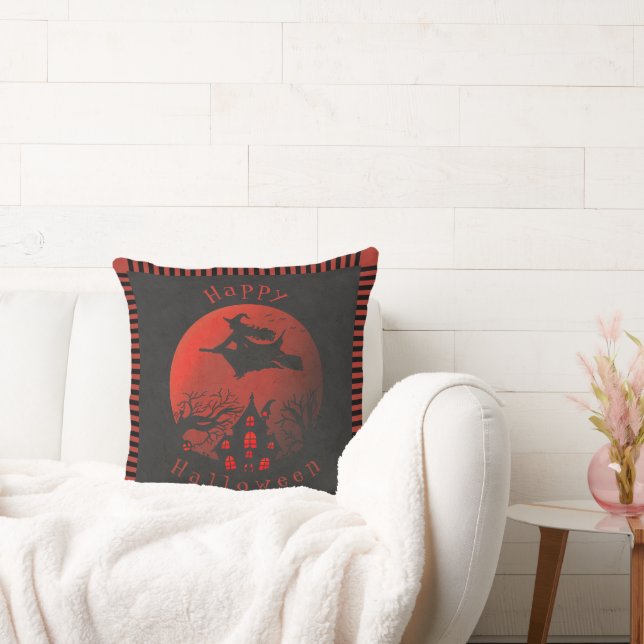 Creepy Halloween Scene Witch & Haunted House Throw Cushion (Couch)