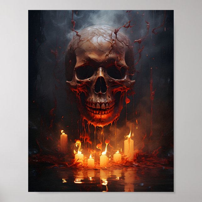 Creepy Halloween Skull With A Flame In The Dark Poster (Front)
