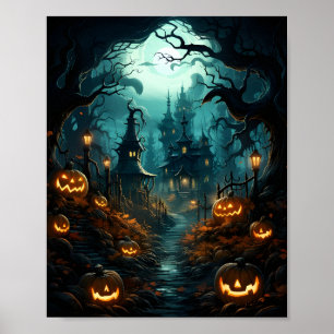 Creepy Haloween Pumpkins In Scary Forest Poster
