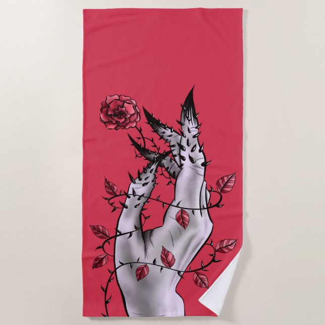 Creepy Hand Rose Thorns Macabre Red Beach Towel (Front)