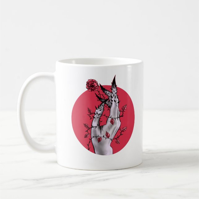 Creepy Hand Rose Thorns Macabre Red Coffee Mug (Left)