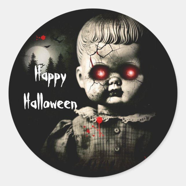 Creepy Haunted Doll Halloween Costume Party Classic Round Sticker (Front)