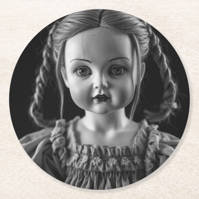 Creepy Haunted Doll in Black and White Coaster (Front)