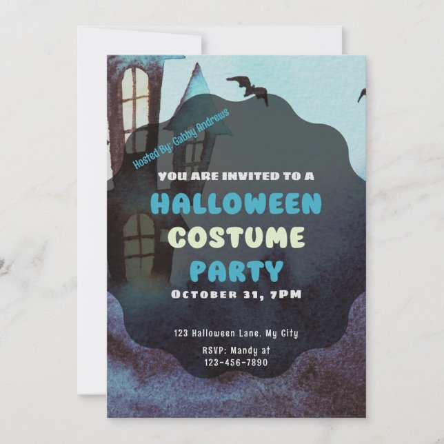 Creepy Haunted House and Bats Halloween Invitation (Front)