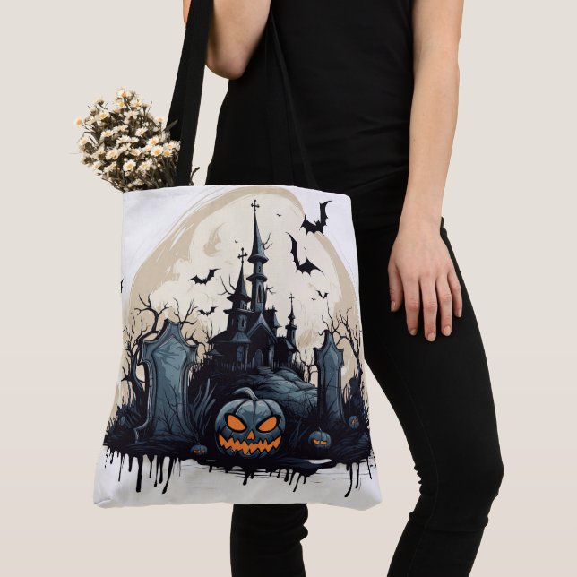 Creepy Haunted House and Graveyard Tote Bag (Close Up)