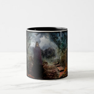 Creepy Haunted House and its Ghost Owner - Macabre Two-Tone Coffee Mug