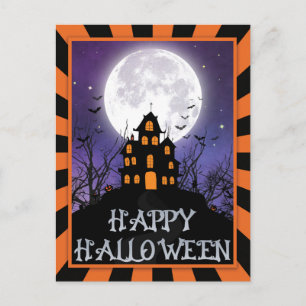 Creepy Haunted House Pumpkins Bats Happy Halloween Postcard