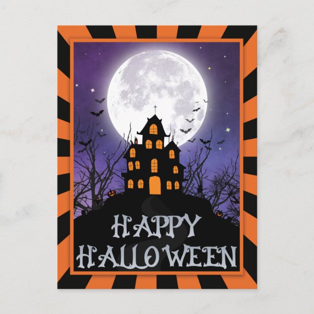 Creepy Haunted House Pumpkins Bats Happy Halloween Postcard (Front)