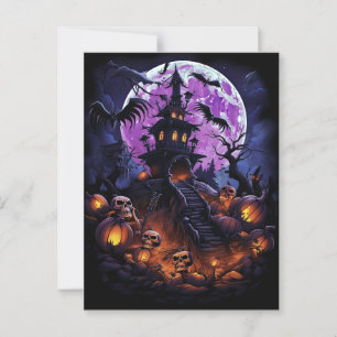 Creepy Haunted House Purple Halloween Party Postcard