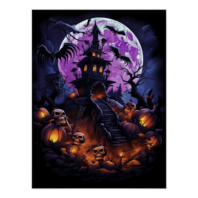 Creepy Haunted House Purple Halloween Party Poster (Front)