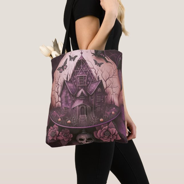 Creepy Haunted House Skull Butterflies Halloween Tote Bag (Close Up)