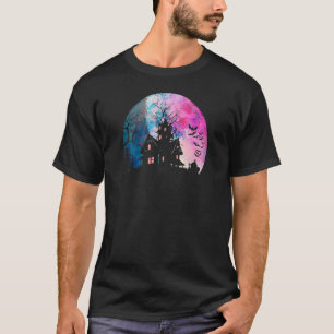 Creepy Haunted House & Spooky Watercolor Full Moon T-Shirt