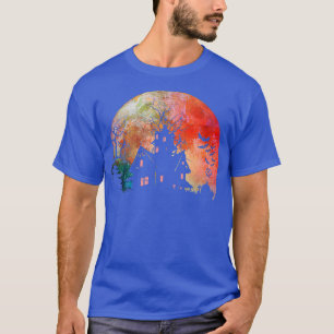 Creepy Haunted House & Spooky Watercolor Full Moon T-Shirt