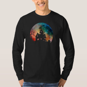 Creepy Haunted House & Spooky Watercolor Full Moon T-Shirt