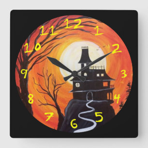 Creepy Haunted House Square Wall Clock