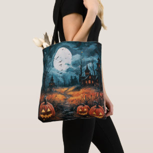 Creepy Haunted Houses Full Moon Scary Halloween Tote Bag