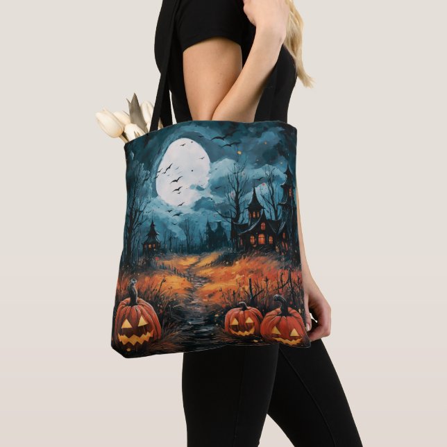 Creepy Haunted Houses Full Moon Scary Halloween Tote Bag (Close Up)