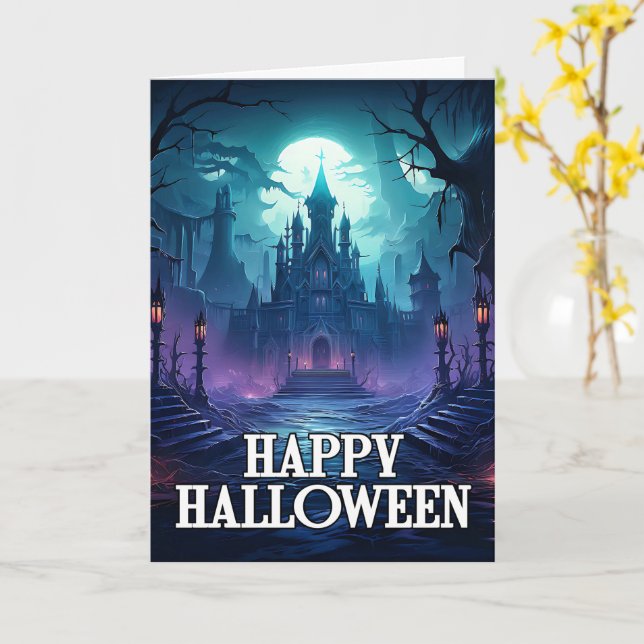 Creepy Haunted Manor | Happy Halloween Card (Yellow Flower)