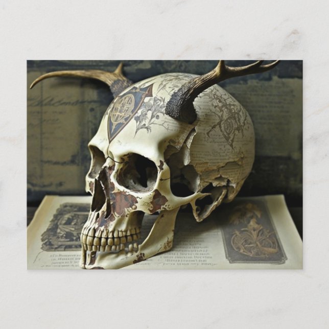 Creepy Human Antlered Skull Postcard (Front)